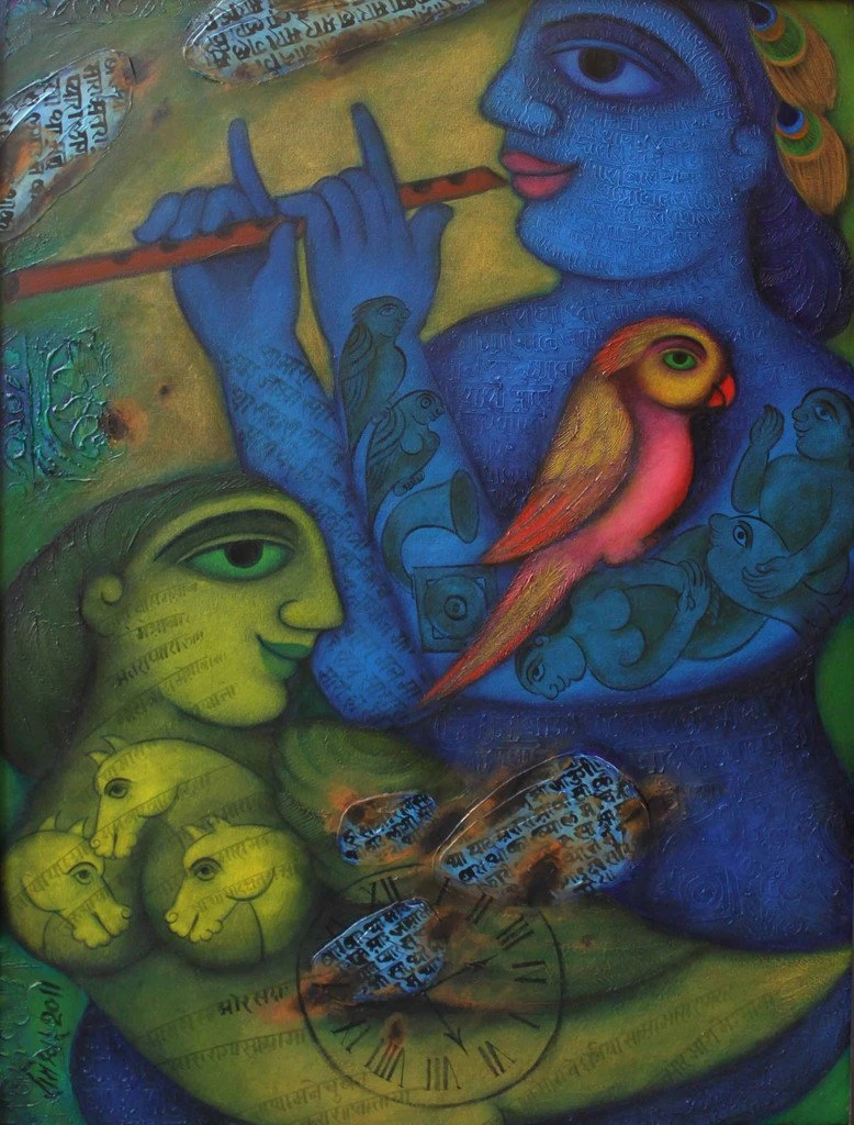 Blue Krishna with a green Bird