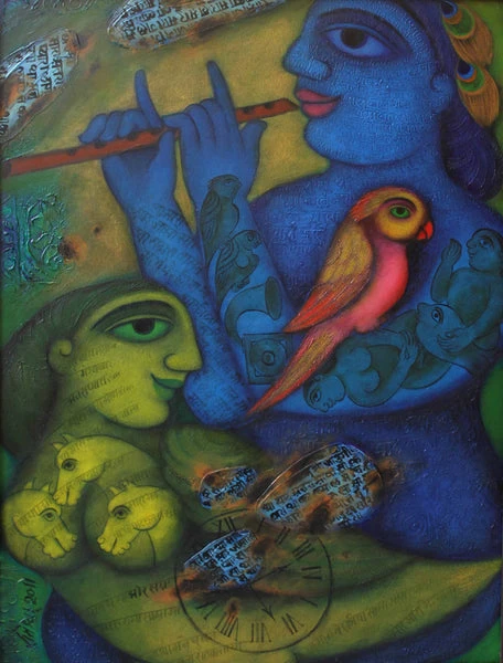 Blue Krishna with a green Bird